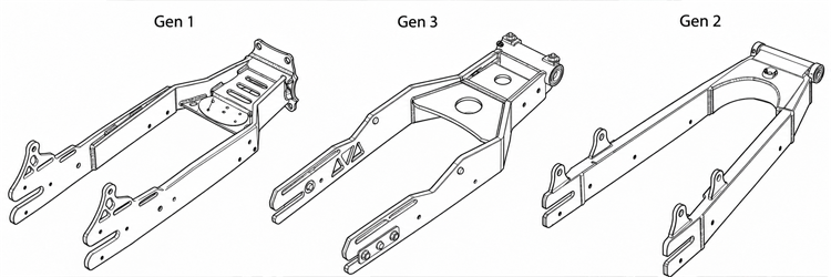 Huck swingarm comparison: Gen 1 on the left, Gen 3 in the center, and Gen 2 on the right